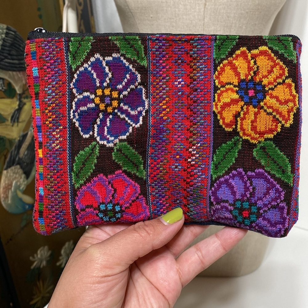 Flower Pouch made for Traditional Mayan textiles with zippered back pocket.
